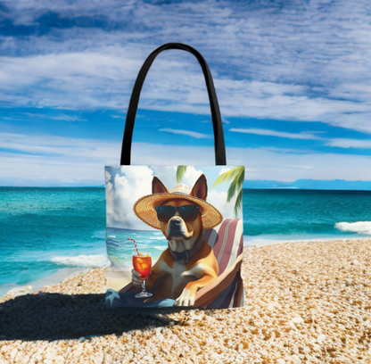 Dog tote bag with beach scene of dog sipping drink, perfect for summer vibes.