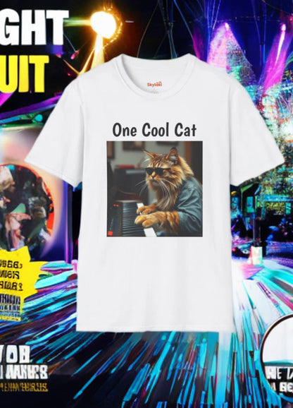 Unisex softstyle t-shirt featuring a cool cat playing the piano, perfect for cat lovers seeking a fun, quirky gift.