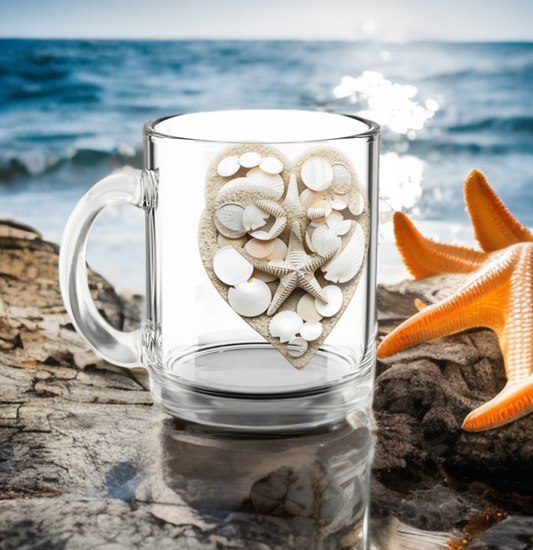 Coastal glass mug with shell design, 10oz, beach-themed, perfect for coffee and tea lovers.