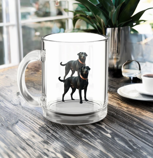 Glass mug with custom dog design, 10oz, perfect for dog lovers.
