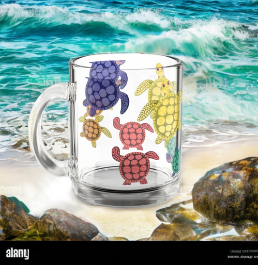 Glass mug with colorful turtle design, 10oz, beach-themed.