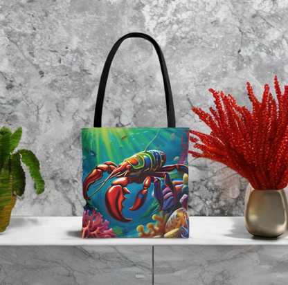 Lobster Tote Bag with vibrant ocean design, perfect for beach lovers.