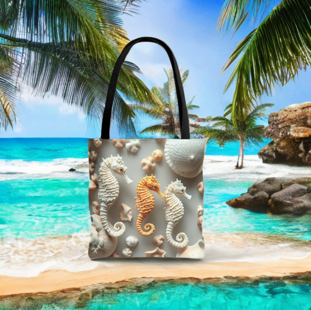 Seahorse-themed beach tote bag with vibrant artwork, ideal for ocean lovers.
