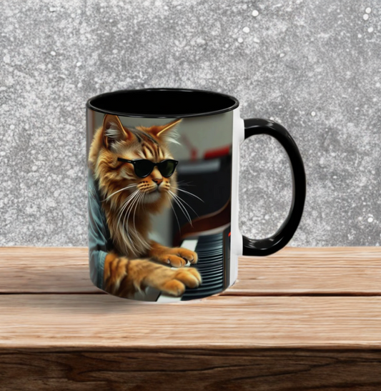 Cool Cat Musician Coffee Mug with feline pianist design, perfect gift for cat lovers, durable ceramic, microwave and dishwasher safe.