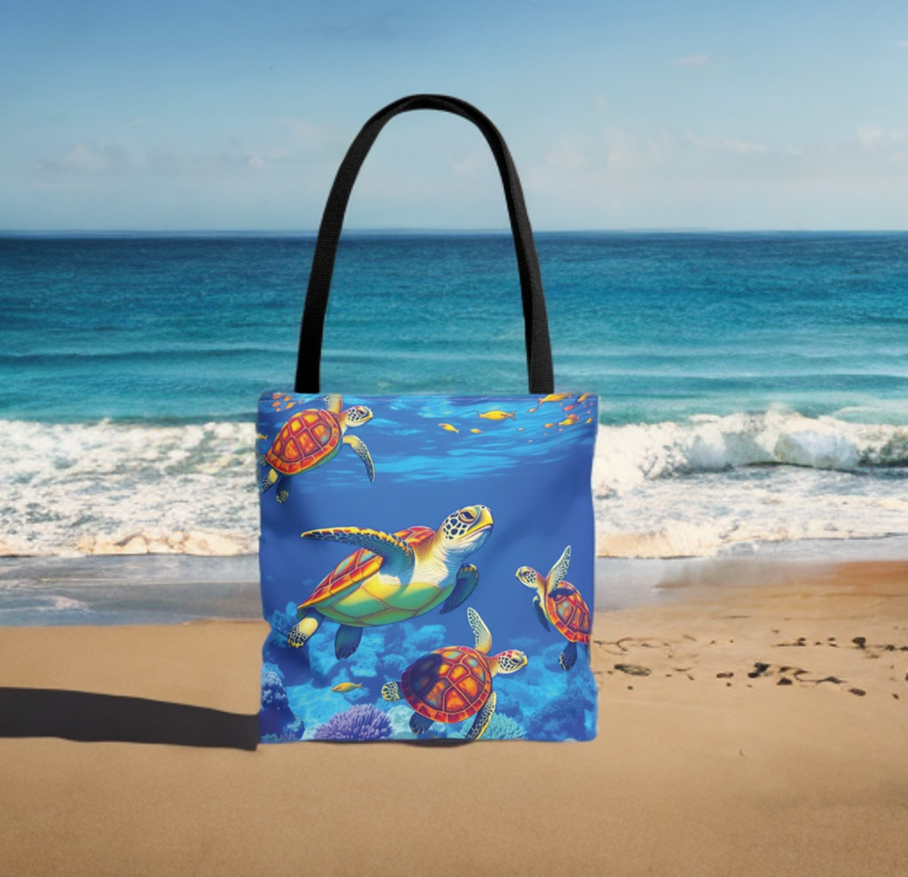 Ocean Tote Bag with vibrant underwater turtle design on beach, Ocean Life theme.