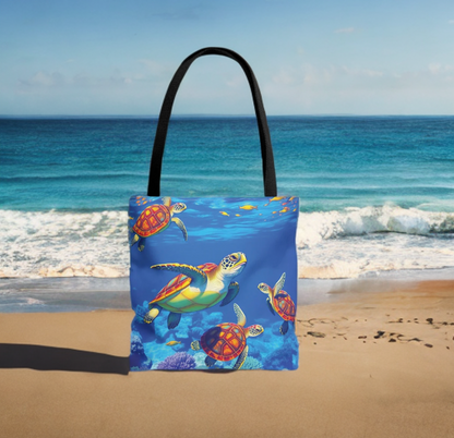 Ocean Tote Bag with vibrant underwater turtle design on beach, Ocean Life theme.