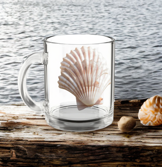 Seashell Coffee glass mug with ergonomic handle, ideal for beach lovers.