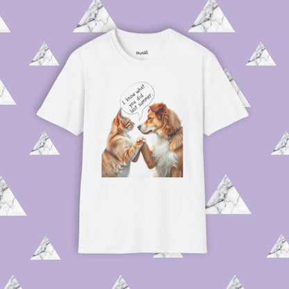 Funny Dog Quote Unisex T-Shirt featuring "I Know What You Did Last Summer!" with playful dog graphic.