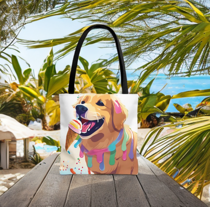 Ice Cream Pooch Fun Tote Bag with cute dog and ice cream design on a beach background, perfect for dog lovers.