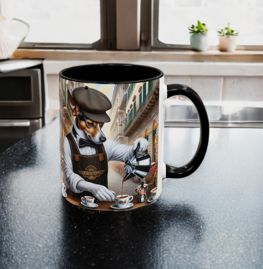 Artistic Dog Barista Fun Coffee Mug on a kitchen counter, featuring a unique dog barista design.