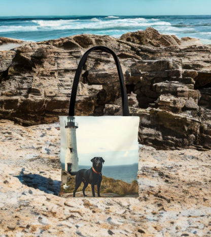 Coastal Tote Bag with lighthouse and dog design on beach rocks.