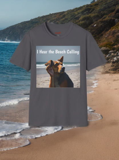 Dog Lovers Unisex Softstyle T-Shirt with dog beach design, ideal for casual outings.