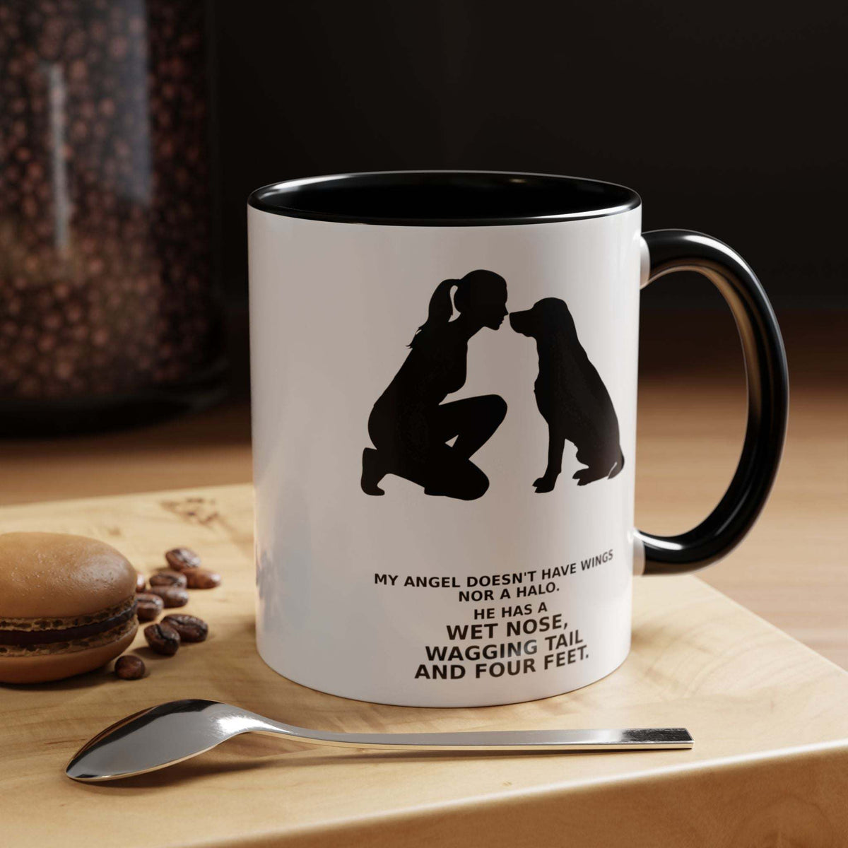 Angel Dog Lover Coffee Mug in white ceramic with black interior and handle, featuring a person and dog silhouette with a tribute message
