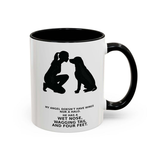 Angel Dog Lover Coffee Mug in white ceramic with black interior and handle, featuring a person and dog silhouette with tribute text