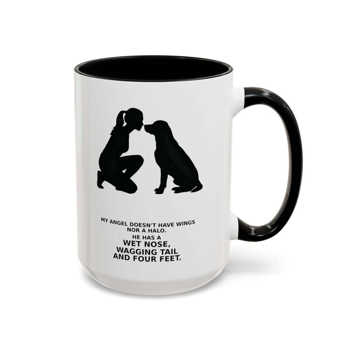 Angel Dog Lover Coffee Mug in white ceramic with a black rim and handle, featuring a person and dog silhouette with tribute text