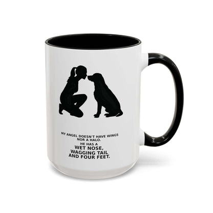 Angel Dog Lover Coffee Mug in white ceramic with a black rim and handle, featuring a person and dog silhouette with tribute text