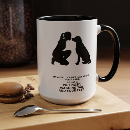 Angel Dog Lover Coffee Mug with white ceramic body, black interior and handle, and a black person-and-dog silhouette tribute