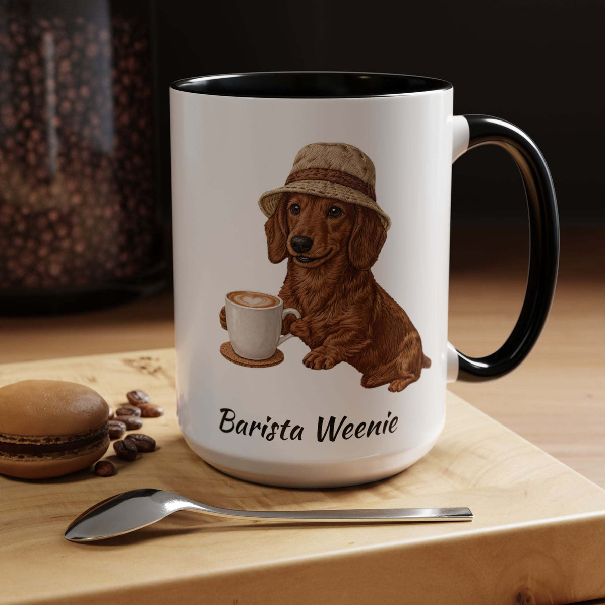 ceramic barista weenie coffee mug with dachshund illustration