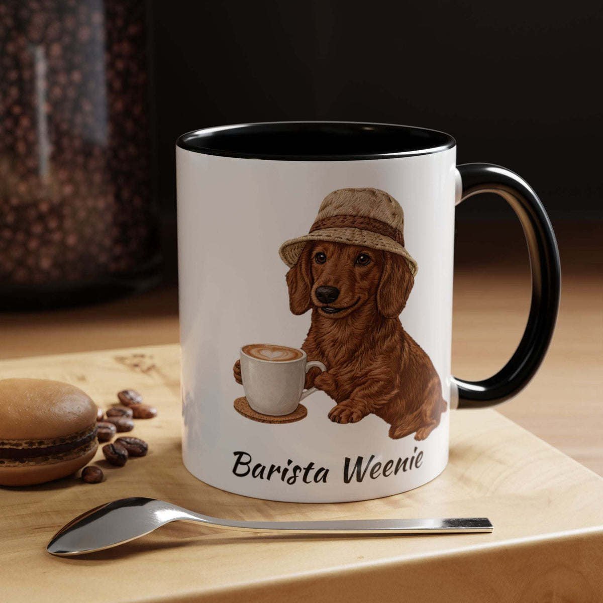 Barista Weenie coffee mug with dachshund illustration by Skylaki