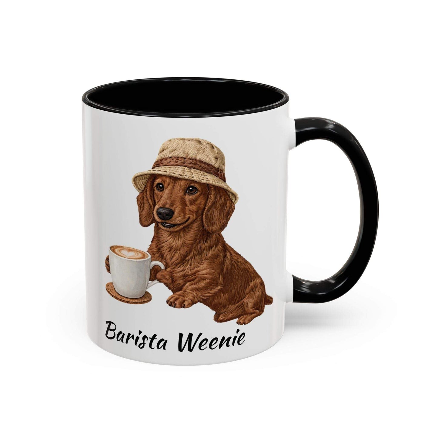 Barista Weenie Coffee Mug with dachshund illustration by Skylaki