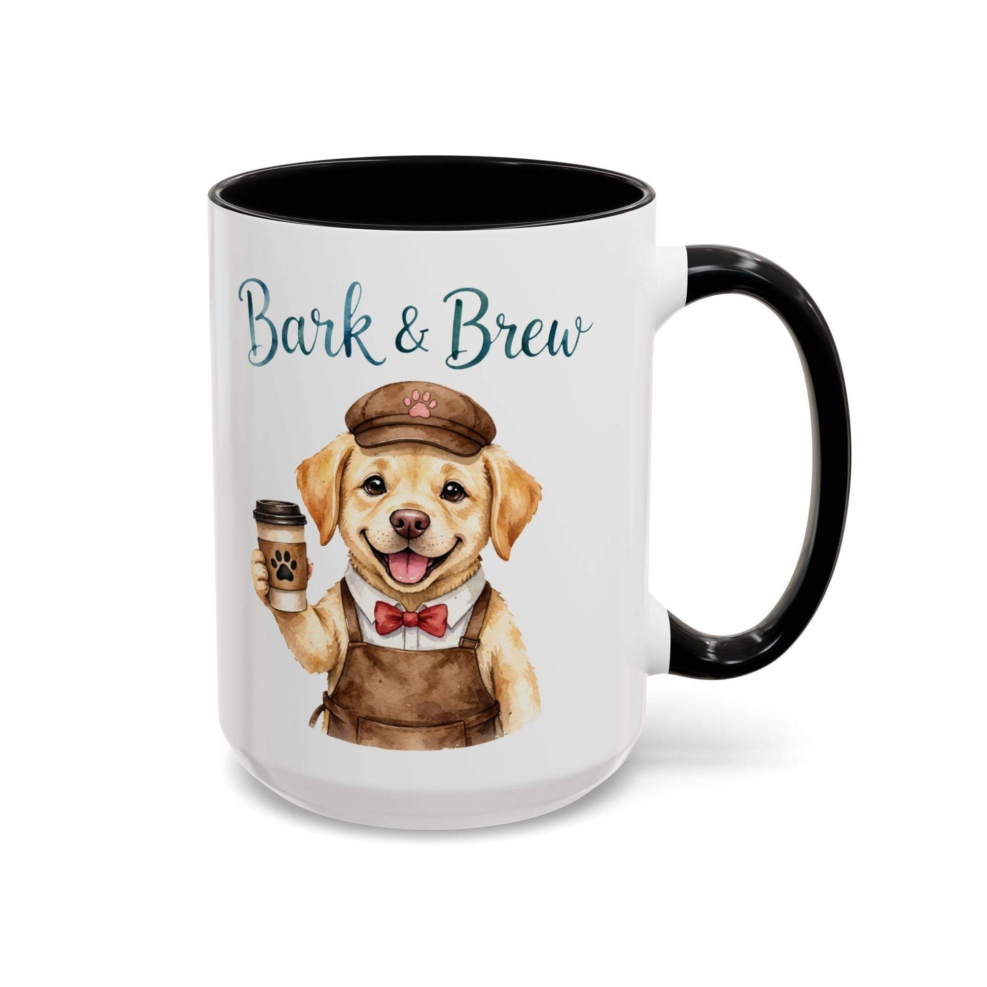 Bark & Brew ceramic coffee mug with golden retriever barista design