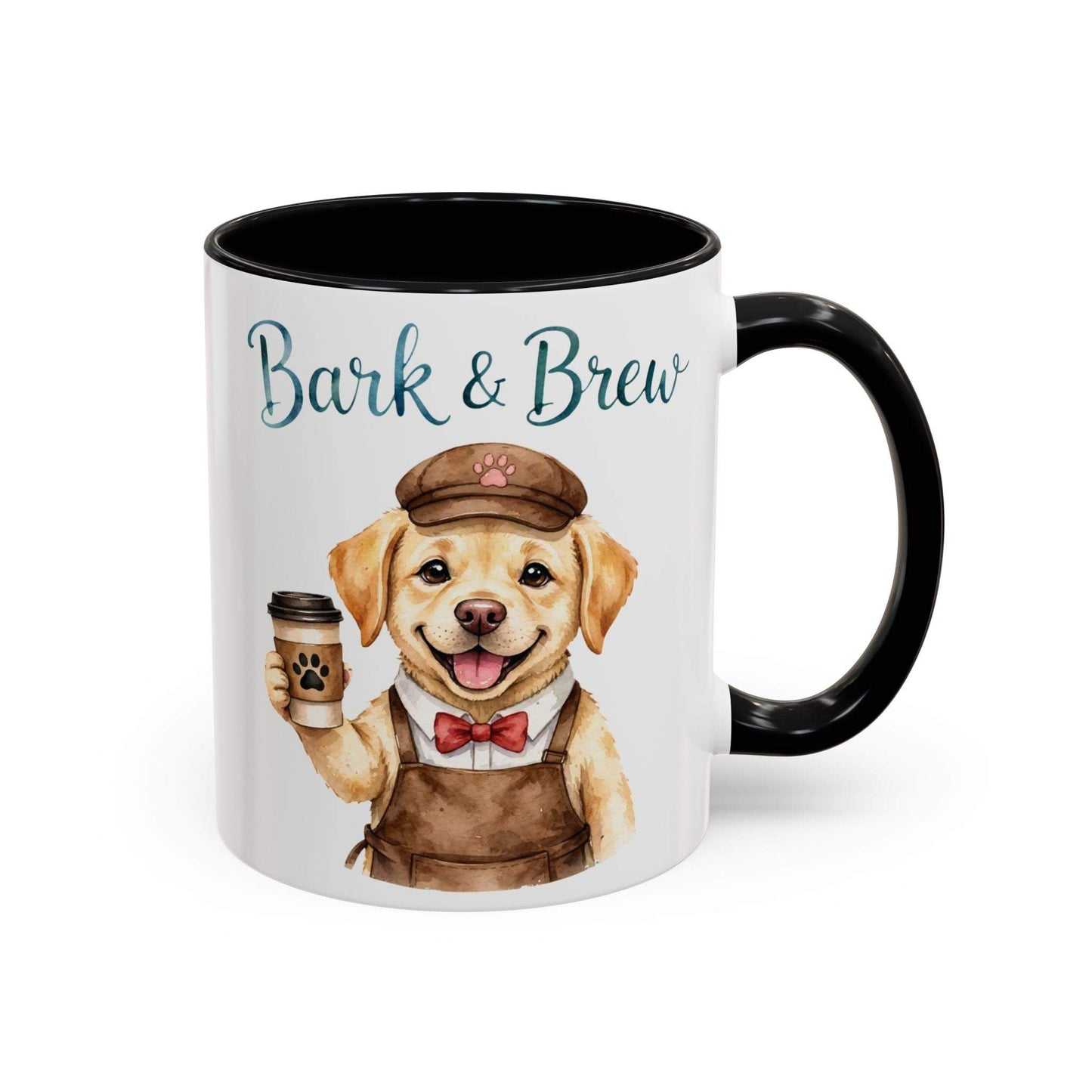 Bark & Brew ceramic coffee mug with golden retriever barista design