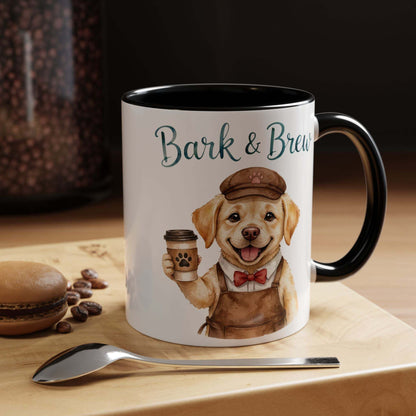 Ceramic Bark & Brew coffee mug with golden retriever barista design