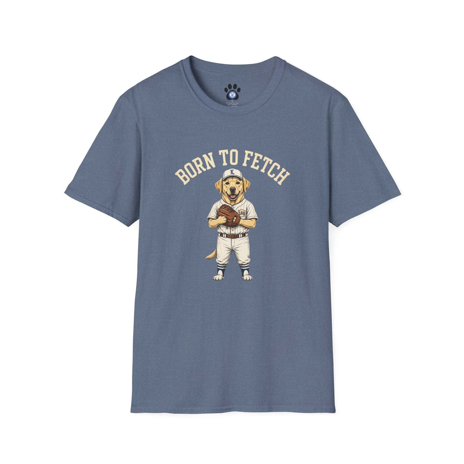 Baseball dog shirt with vintage born to fetch illustration