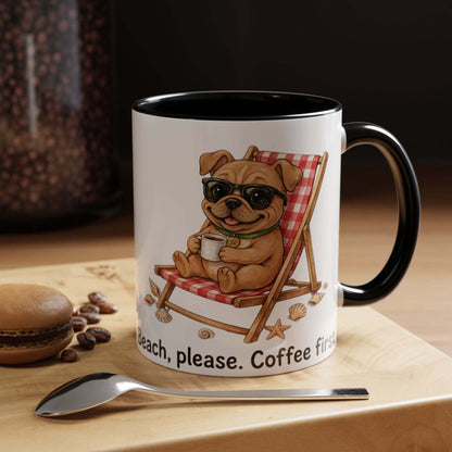 Colorful ceramic beach dog coffee mug with playful dog design