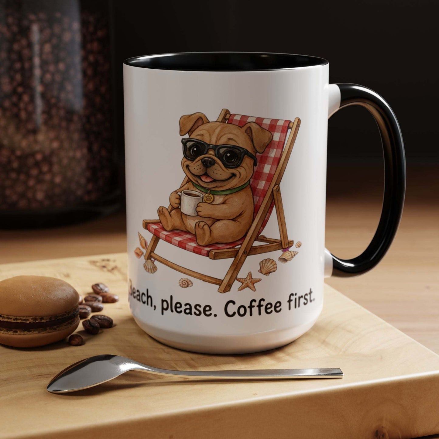 Colorful ceramic Beach Dog Mug with playful dogs on a beach scene