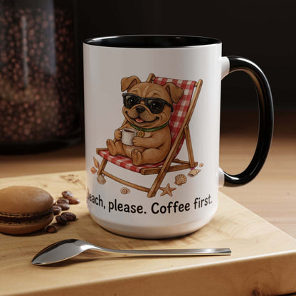 Colorful ceramic Beach Dog Mug with playful dogs on a beach scene