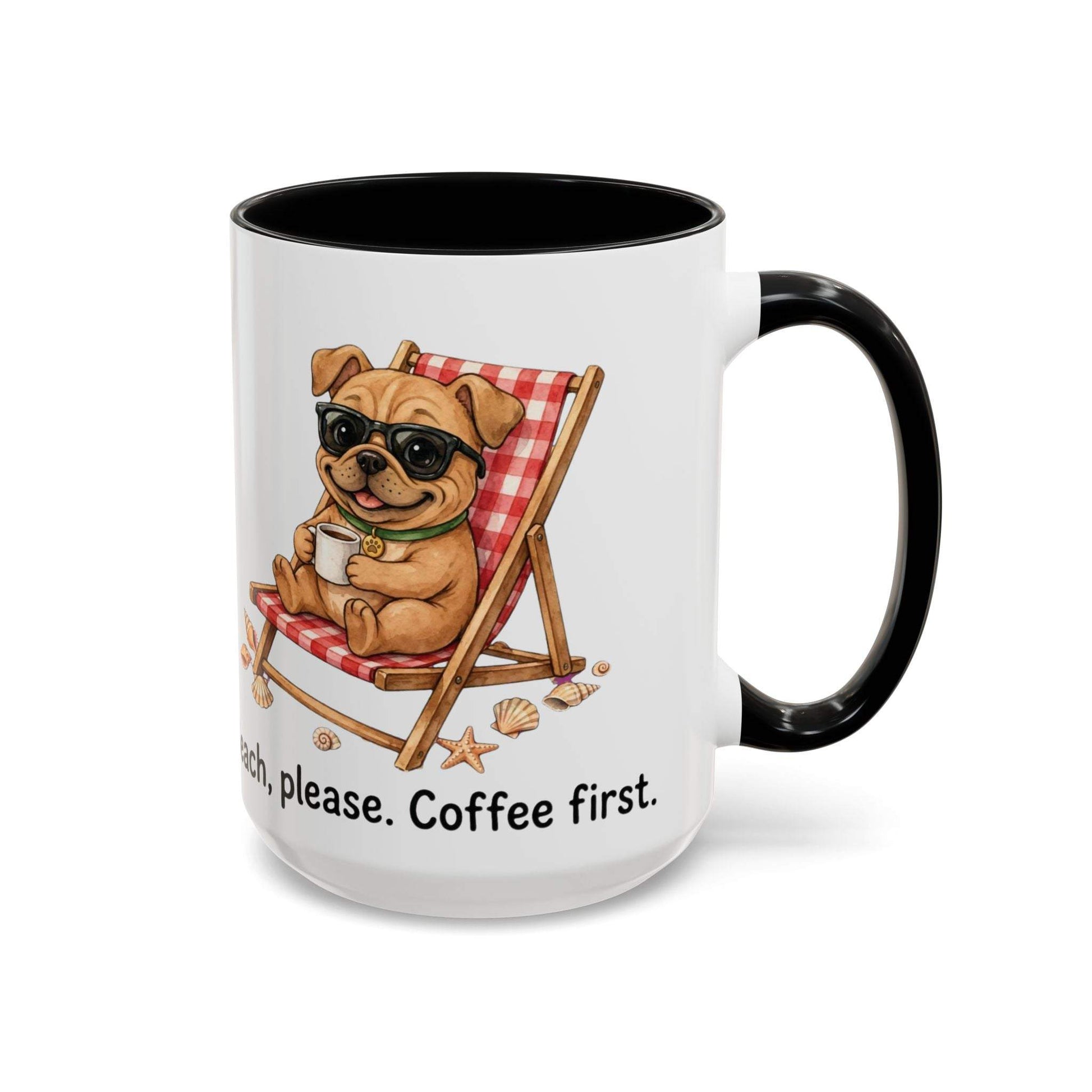 Colorful ceramic beach dog coffee mug with playful dog design