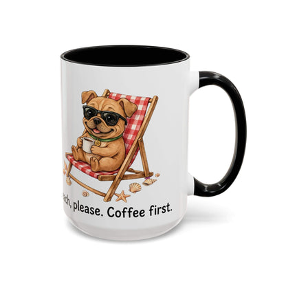 Colorful ceramic beach dog coffee mug with playful dog design