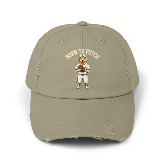 Born to fetch distressed baseball cap with retro dog graphic