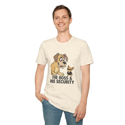 Unisex t-shirt with Boss and His Security dog design featuring a big dog and chihuahua