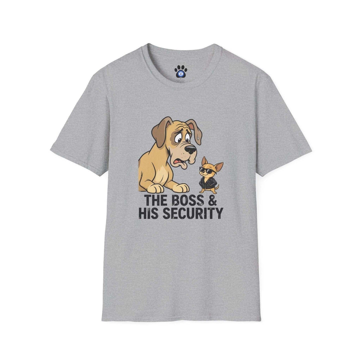 Unisex Boss and His Security Dog T-shirt featuring big dog and chihuahua design
