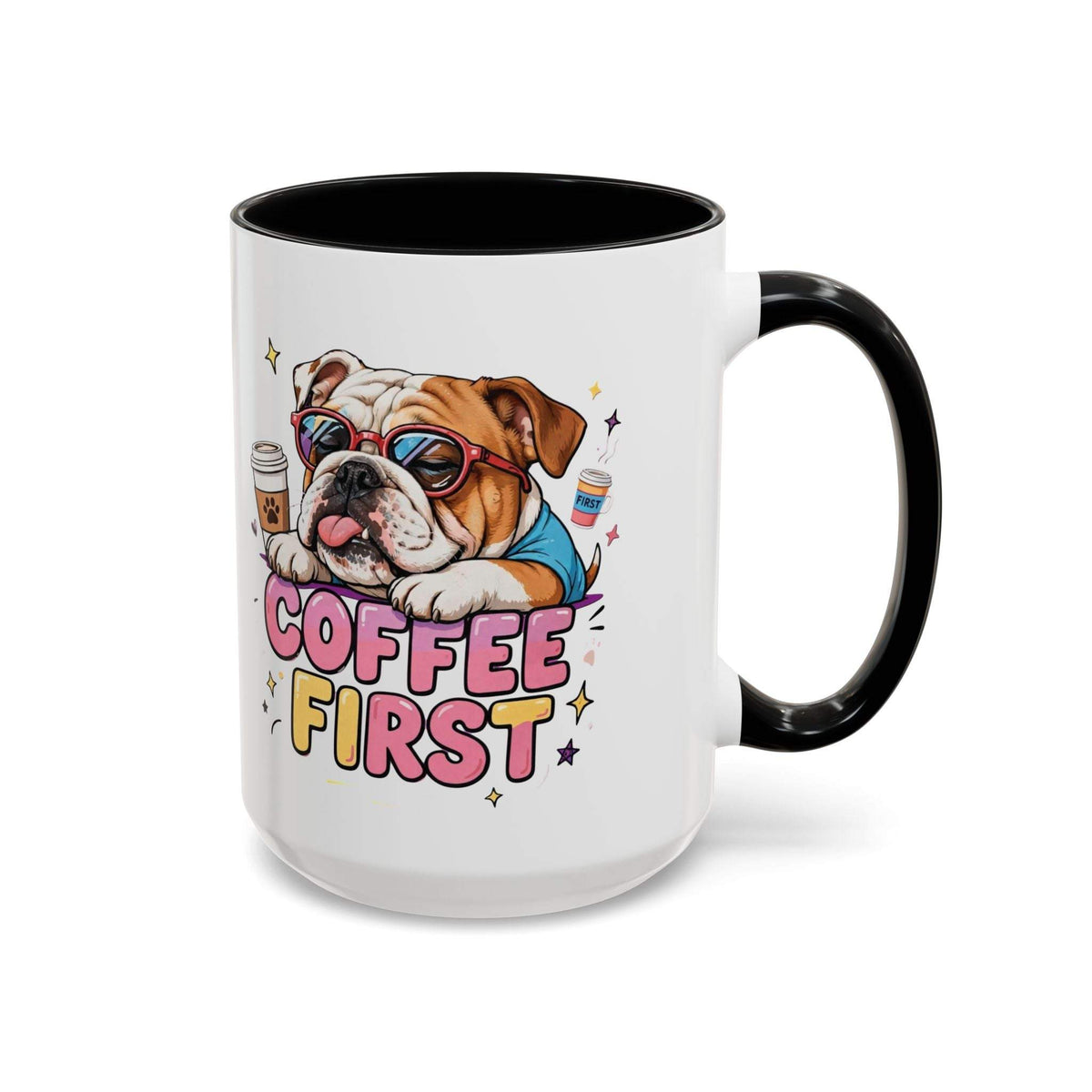 Bulldog Coffee Mug in white glossy ceramic with black interior and handle, featuring a colourful bulldog and “COFFEE FIRST” design