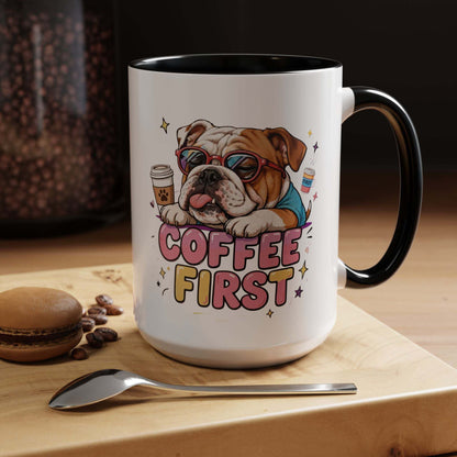 Bulldog Coffee Mug with glossy white ceramic, black handle, and colourful bulldog in sunglasses above COFFEE FIRST lettering