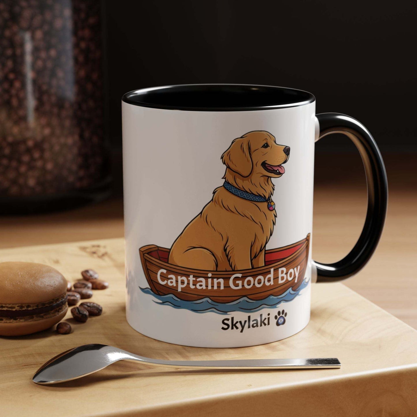 Captain Good Boy Dog Boat Mug with golden retriever in canoe and black handle