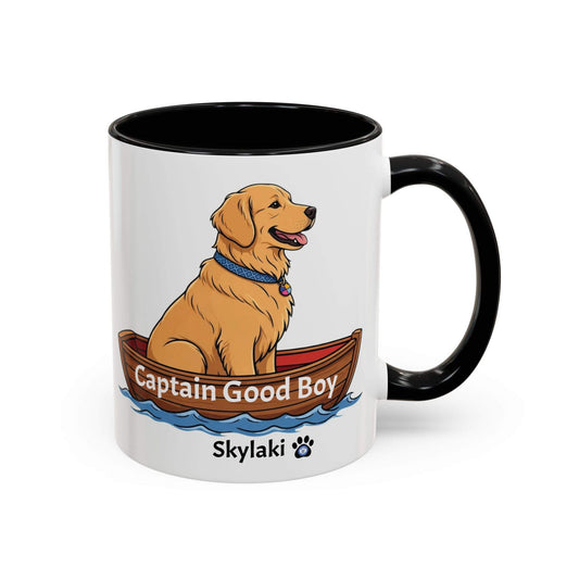 Captain Good Boy Dog Boat Mug with golden retriever illustration and black handle