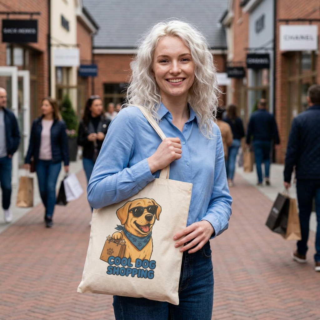 Cool Dog Shopping Tote natural cotton canvas bag with a bright yellow lab wearing shades and bandana print held by smiling woman
