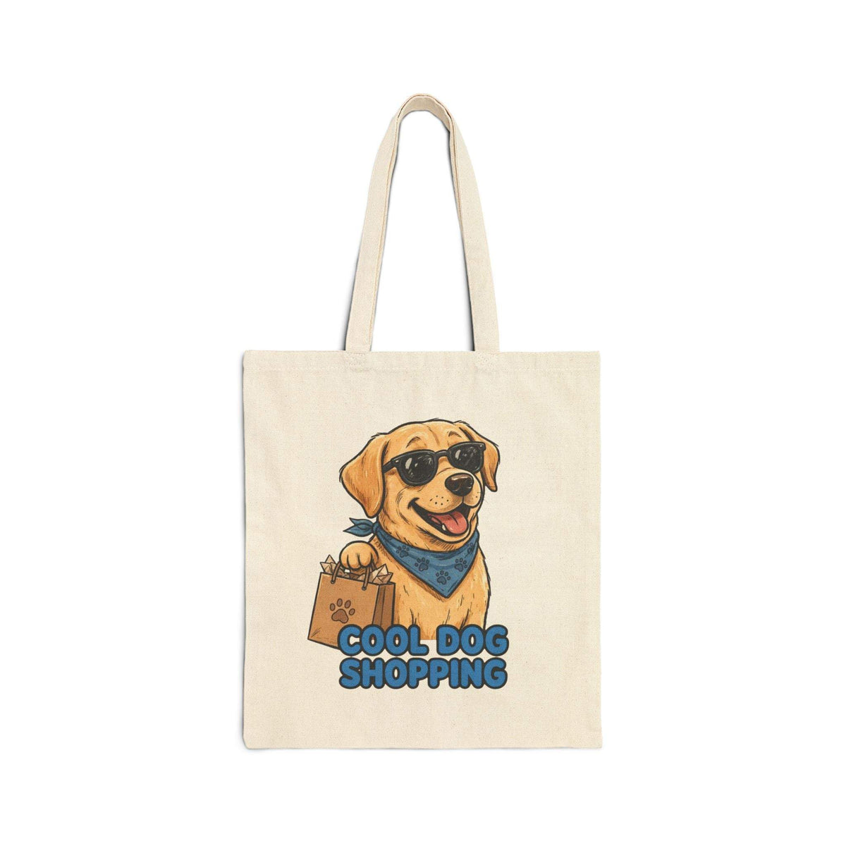 Cool Dog Shopping Tote natural cotton canvas bag with a yellow lab dog wearing sunglasses and a blue bandana holding a shopping bag