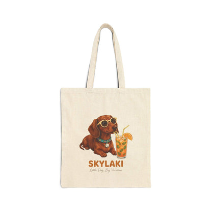 Dachshund Beach Tote Bag in natural cotton canvas with printed design of dachshund wearing sunglasses and citrus drink