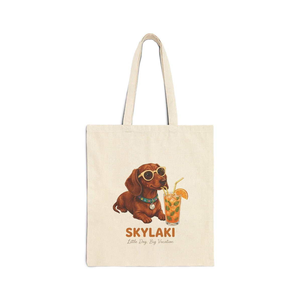 Dachshund Beach Tote Bag in natural cotton canvas with whimsical dachshund wearing sunglasses and drink design