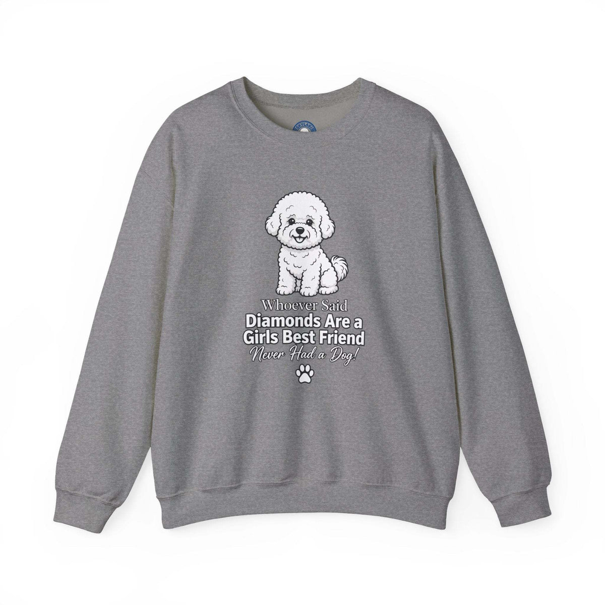 Crewneck sweatshirt in gray cotton blend featuring a white puppy and Diamonds Are a Girl's Best Friend graphic