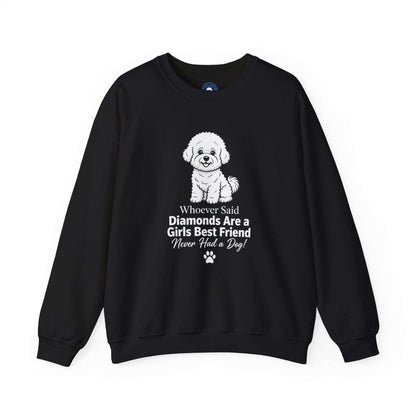Crewneck sweatshirt in black cotton blend featuring a white puppy graphic and Diamonds Are a Girl's Best Friend text
