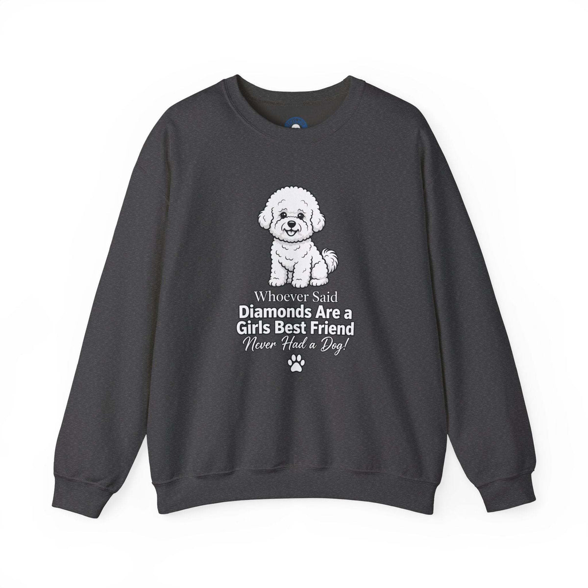 Diamonds Are a Girl's Best Friend sweatshirt in dark charcoal with a white puppy graphic and humorous printed text