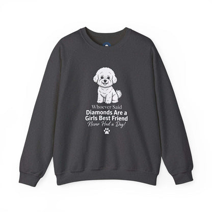 Diamonds Are a Girl's Best Friend sweatshirt in dark charcoal with a white puppy graphic and humorous printed text