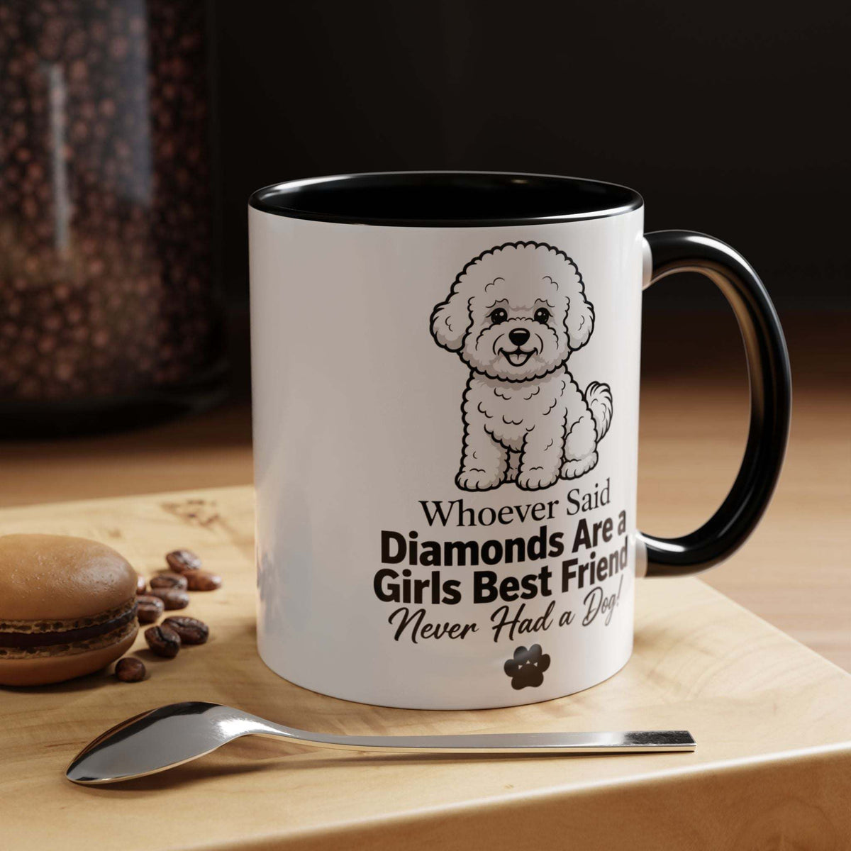 Diamonds are a girls best friend ceramic mug with black rim and handle, fluffy dog illustration and playful printed message