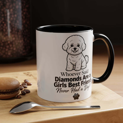 Diamonds are a girls best friend mug, glossy white ceramic with black handle and rim, featuring a fluffy dog illustration